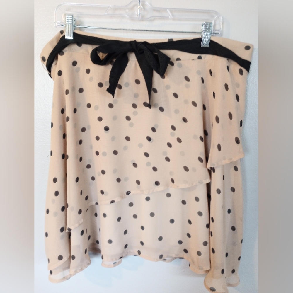 Polka dot asymmetrical tiered coquette pull-on skirt w/ belt and built-in slip
